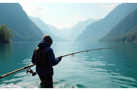 Angler testet Angelrute am Vierwaldstättersee
