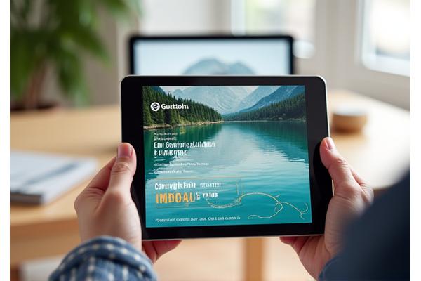 Digitaler Gutschein für eine Angeltour, auf einem Tablet angezeigt, vor unscharfem Hintergrund eines Sees