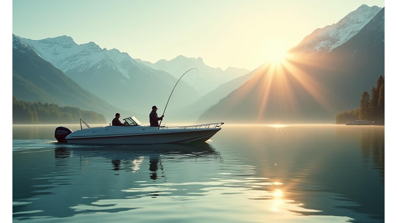 Angler auf einem Boot mit Blick auf die Schweizer Alpen und den Vierwaldstättersee