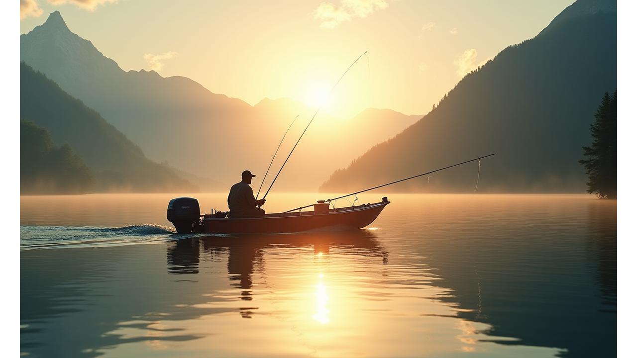 Angler auf einem Boot, der ein Echolot bedient und auf Felchen angelt