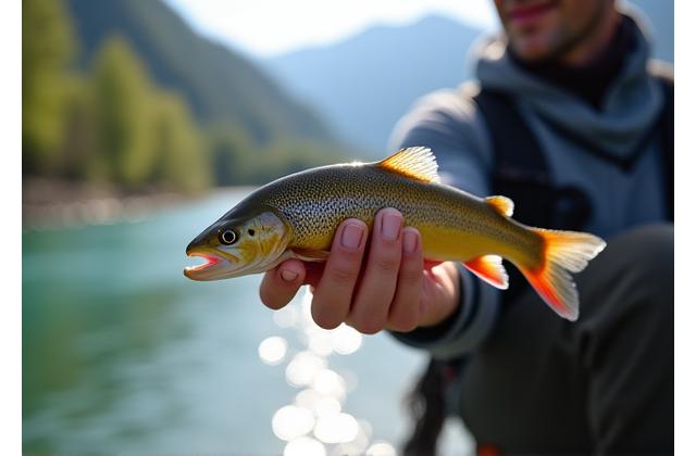 Angler fängt Forelle mit einem kleinen Wobbler im Frühling