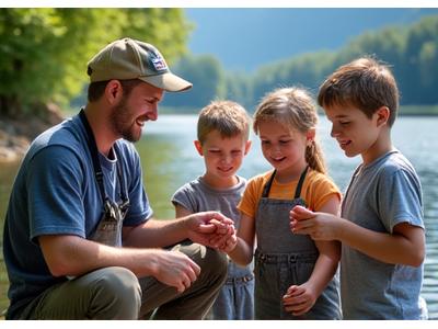 Gruppe lachender Kinder beim Angeln mit einem Betreuer