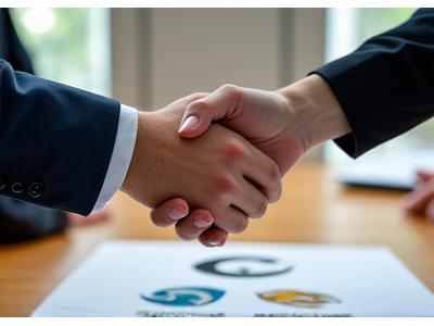 Handschlag zwischen zwei Person über einem Blatt Papier mit lokalen Angelvereinslogos