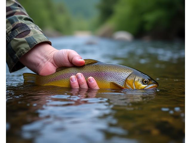 Ein Angler, der einen kleinen Fisch in einem Fluss schonend freilässt.