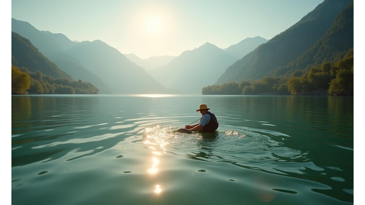 Malerische Schweizer Berglandschaft mit einem klaren See und einem Angler, der einen Fisch schonend freilässt.