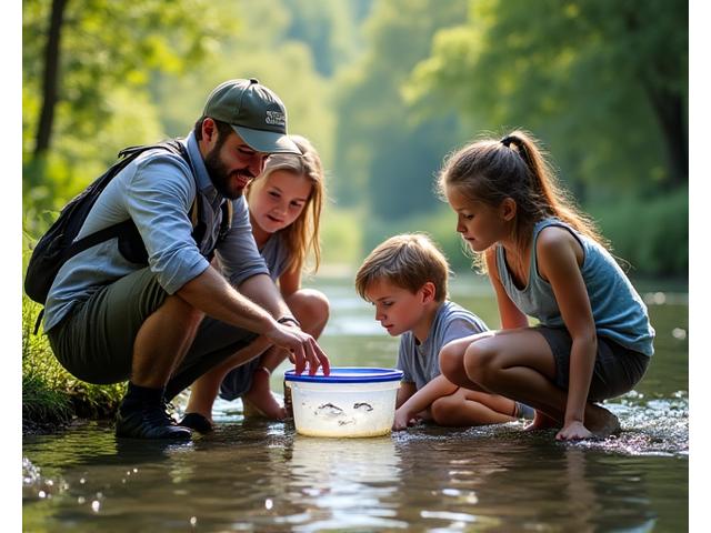 Gruppe von Kindern lernt an einem Flussufer über Gewässerschutz und Fische.
