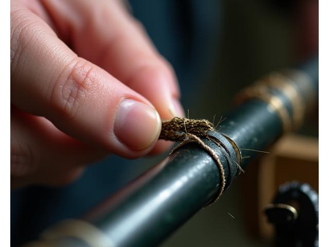Detaillierte Nahaufnahme der Hände eines Technikers, der präzise einen neuen Rutenring auf eine Angelrute bindet.