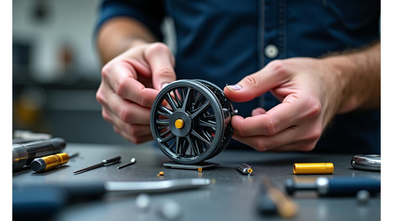 Nahaufnahme eines Mechanikers, der eine Angelrolle in einer gut beleuchteten Werkstatt repariert