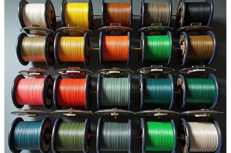 Verschiedene Angelnschnüre, geflochtene, monofile und Fluorocarbon, auf Rollen präsentiert