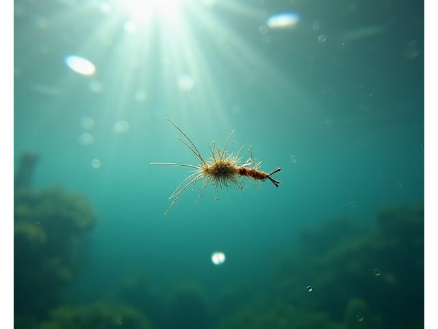 Felchen-Hegene mit mehreren kleinen Nymphen unter Wasser, mit einem Gefühl von Tiefe und Klarheit
