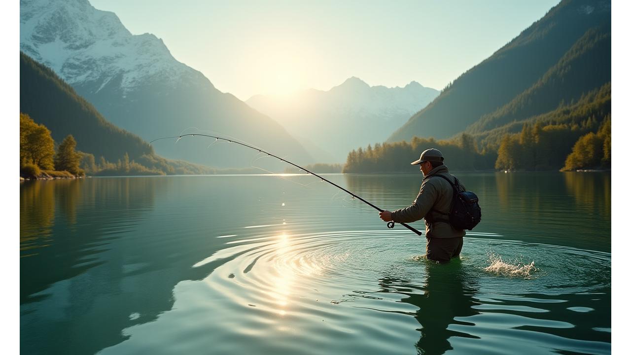 Angler mit Ultralight-Rute beim Drill eines Barsches vor Schweizer Bergpanorama